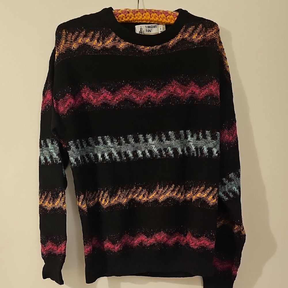 80s London Fog Multicolor Striped Crewneck Sweater Vintage Men Medium Retro